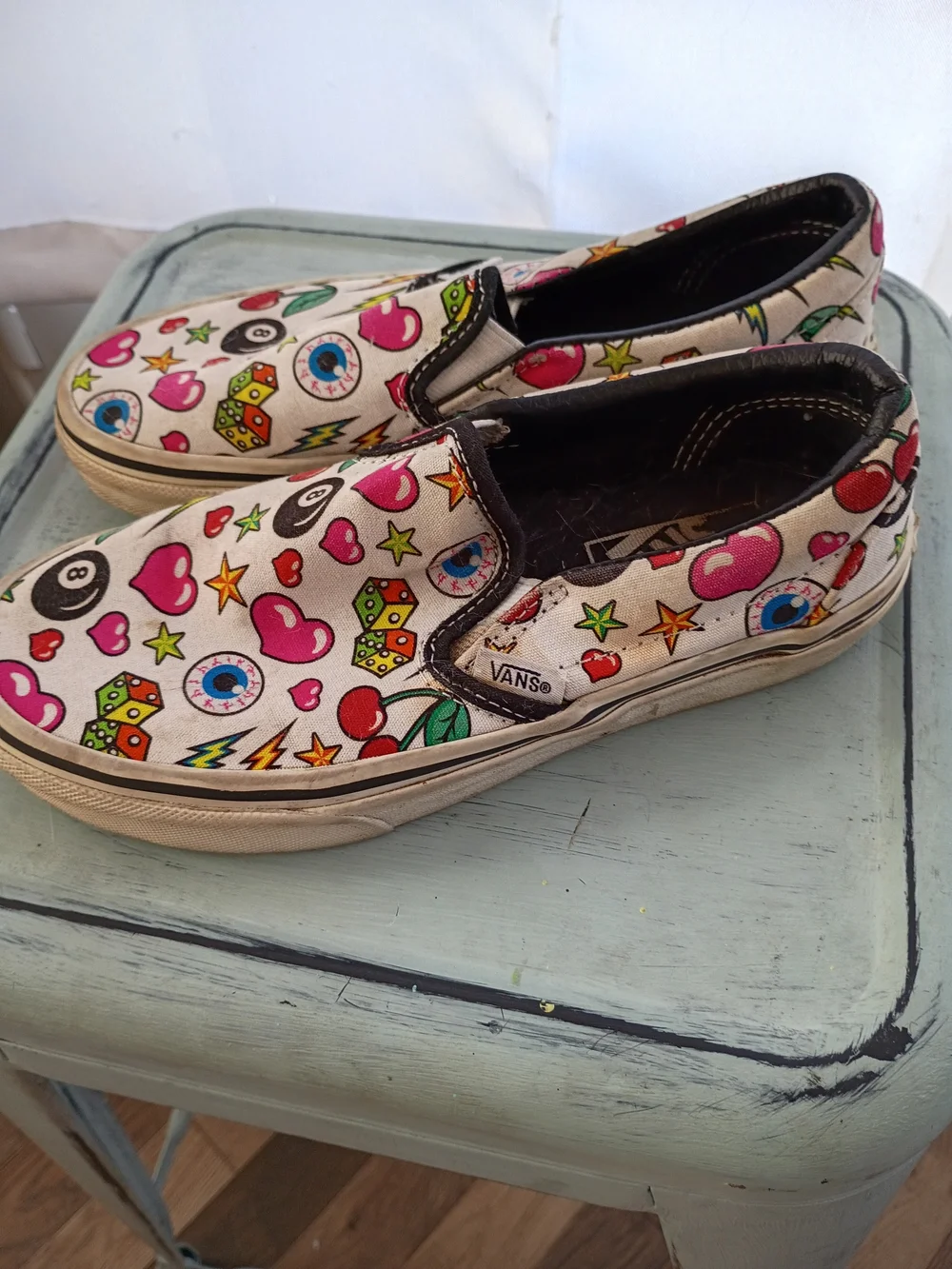 Vans Kids Slip-On Sneakers Cream Multi Icon Hearts Cherries Stars 8-Ball Sz 5